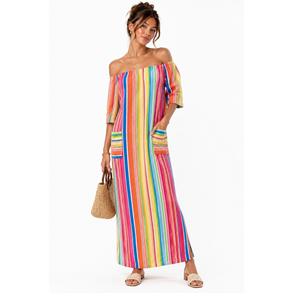 Vintage Women Maxi Dress Terry Cloth Multicolor Rainbow Striped Pockets 70s Med